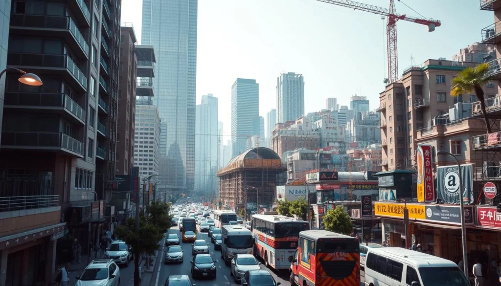 A bustling urban scene, with a towering skyscraper at the center, its reflective glass facade casting a soft glow. In the foreground, a busy street teeming with cars, buses, and pedestrians, each contributing to the cacophony of airborne noise. The middle ground features a construction site, with cranes, jackhammers, and the rumble of heavy machinery creating a symphony of industrial sounds. In the background, a densely packed neighborhood with residential buildings and commercial establishments, their activities adding to the overall ambient noise. The lighting is a combination of natural daylight and artificial streetlamps, creating a dynamic and vibrant atmosphere. The camera angle is slightly elevated, providing a comprehensive view of the diverse sources of airborne noise.