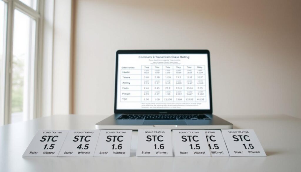 A clean, well-lit room with a large window that lets in natural sunlight. On a table in the foreground, various STC (Sound Transmission Class) rating labels are arranged neatly, showcasing the different numerical values and their corresponding acoustic performance. In the middle ground, a laptop displays a detailed chart explaining the STC scale and its interpretation. The background features a neutral-toned wall, providing a clean and minimalist backdrop to highlight the informative elements. The overall scene conveys a sense of educational clarity and attention to detail, suitable for illustrating the "Common STC Ratings and Their Meanings" section of the article.