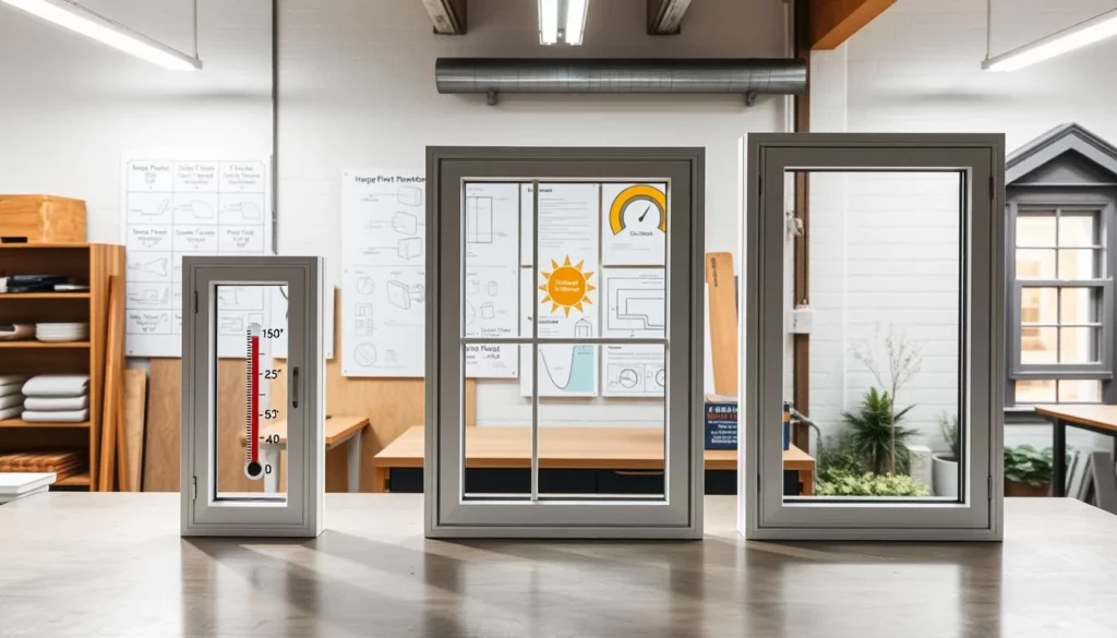 A clean, well-lit workshop setting, with a large workbench in the foreground displaying three window panes side-by-side: a single pane, a double pane, and a triple pane. Each window has a temperature gauge attached, clearly showing the different R-values. The middle ground features diagrams and technical schematics related to window insulation properties, while the background showcases an energy-efficient home exterior. Soft, even lighting illuminates the scene, highlighting the contrasting thermal performances of the window types. The overall mood is informative and educational, emphasizing the importance of energy efficiency in window selection.