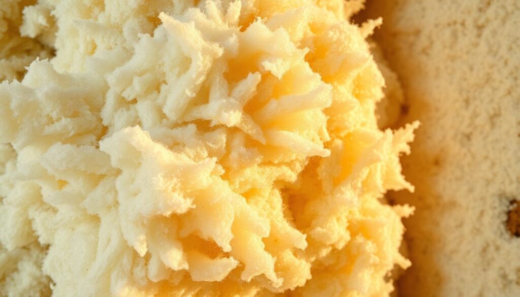 A close-up shot of mineral wool insulation, showcasing its intricate fibrous structure. The insulation material is illuminated by warm, natural lighting, casting soft shadows that accentuate its textural details. The foreground features the distinct, fluffy appearance of the wool, with individual fibers visible and slightly disarrayed. The middle ground reveals the material's density and resilience, while the background fades into a soft, neutral tone, emphasizing the insulation's primary purpose. The overall image conveys the technical characteristics of mineral wool, its sound-absorbing properties, and its potential as an effective insulation solution.