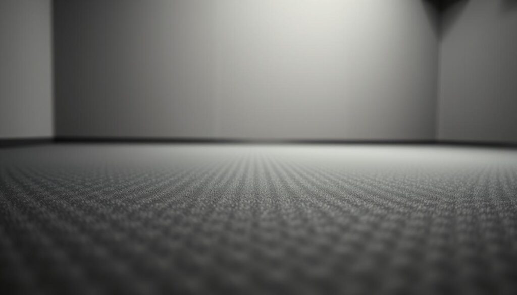 A close-up view of a sheet of mass-loaded vinyl (MLV) soundproofing material, shot with a high-resolution camera lens. The MLV appears in the foreground, its dark gray surface textured with a subtle diamond pattern. The middle ground features a neutral, out-of-focus background, allowing the viewer to focus on the material's details. Soft, diffused lighting illuminates the scene, casting gentle shadows and highlights that accentuate the MLV's density and acoustic properties. The overall mood is one of technical precision, highlighting the material's role in creating a soundproof environment.