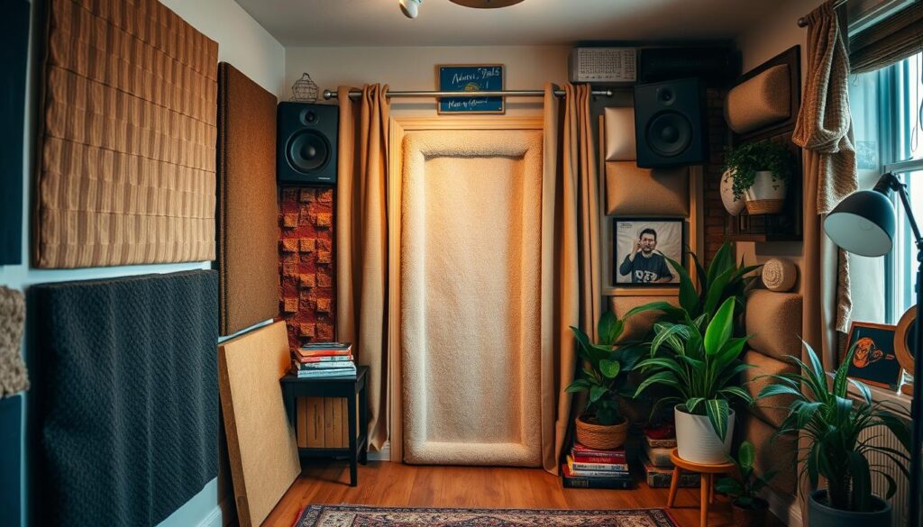 A cozy DIY home studio with various soundproofing materials creatively arranged. In the foreground, acoustic panels made from recycled materials like corduroy and burlap are mounted on the walls, diffusing sound waves. In the middle ground, a custom-built soundproof door with a plush fabric seal is the focal point. The background showcases an assortment of sound-absorbing materials like thick curtains, foam wedges, and strategically placed potted plants, all working in harmony to create a visually appealing and acoustically optimized space. Warm, natural lighting casts a welcoming glow, enhancing the artisanal, handcrafted atmosphere.