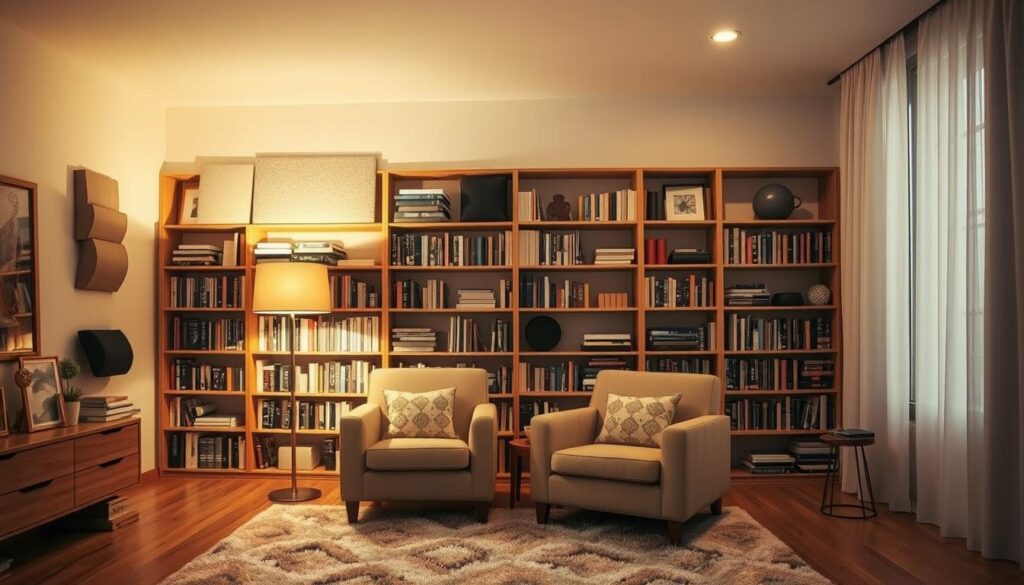 A cozy bedroom interior with a large bookshelf along the back wall, filled with books and decor items. In the foreground, a plush area rug and two comfortable armchairs are positioned to create a cozy reading nook. The lighting is soft and warm, with a floor lamp casting a gentle glow. On the bookshelf, various sound-absorbing materials like fabric panels, acoustic foam, and sound-dampening curtains are strategically placed to enhance the room's soundproofing. The overall atmosphere is one of relaxation and acoustical comfort, perfect for enjoying a quiet moment of reading or contemplation.