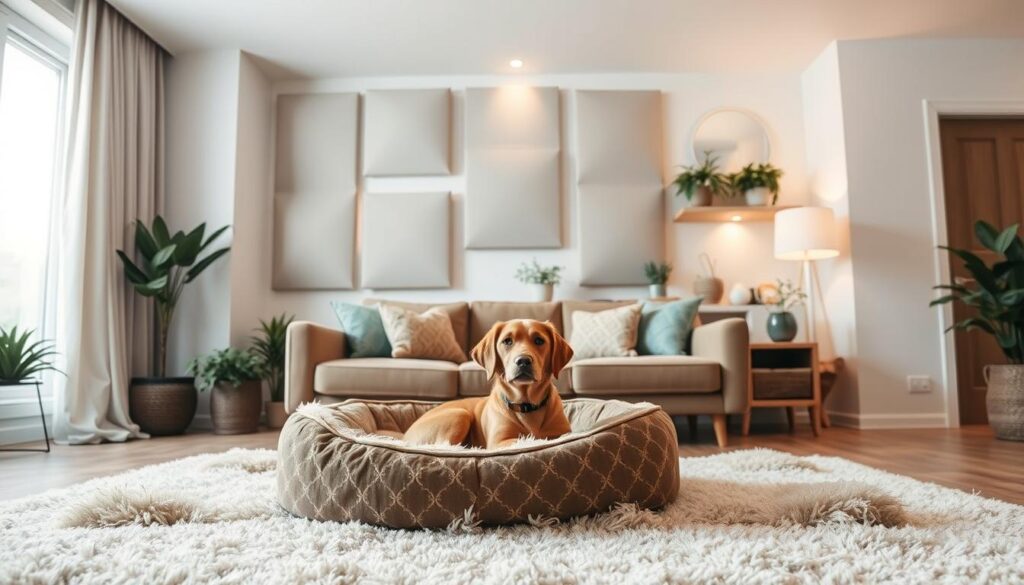 A cozy home interior with a focus on pet-friendly soundproofing solutions. In the foreground, a plush dog bed sits atop a thick, sound-absorbing rug, complemented by sound-dampening curtains and pillows. The middle ground features modular acoustic panels mounted on the walls, providing an elegant and effective soundproofing system. In the background, custom-built shelves display plants and decor, further enhancing the warm, inviting atmosphere. The lighting is soft and diffused, creating a calming ambiance. The composition emphasizes the integration of functional soundproofing elements with a stylish, pet-friendly design.