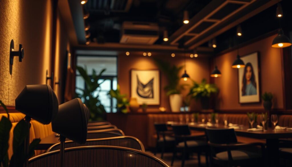 A cozy restaurant interior, dimly lit with warm, subtle lighting. In the foreground, an array of sleek, modern sound-masking speakers are strategically placed, their discreet design blending seamlessly into the decor. The middle ground features plush, sound-absorbing materials on the walls and ceiling, creating a sense of acoustic comfort. In the background, a well-curated selection of plants and artwork adds to the ambiance, while the overall atmosphere conveys a sense of tranquility and sophisticated soundproofing. The scene is captured with a shallow depth of field, emphasizing the carefully crafted details that enhance the dining experience.