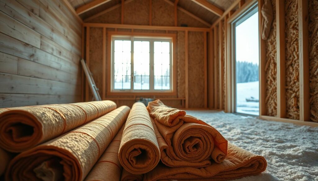 A cozy, well-insulated home interior on a chilly winter day. In the foreground, rolls of seasonal insulation in warm earthy tones lie neatly arranged, ready to be installed. The middle ground showcases a half-finished wall, revealing the insulation's layered structure - dense, tightly-packed fibers that trap heat. In the background, a sunlit window looks out onto a snowy landscape, emphasizing the insulation's purpose of keeping the home warm and energy-efficient. Soft, diffused lighting illuminates the scene, creating a serene, inviting atmosphere. The composition highlights the practical yet visually appealing aspects of seasonal insulation upgrades.