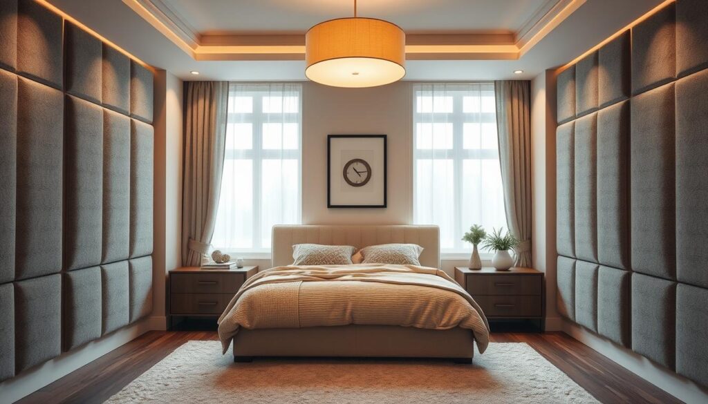 A cozy, well-lit bedroom featuring a variety of soundproofing solutions. In the foreground, plush acoustic panels line the walls, providing effective noise dampening. Soft, textured fabrics adorn the windows, blocking external sounds. In the middle ground, a large, inviting bed is flanked by nightstands with sound-absorbing decor. Overhead, a gentle, diffused lighting fixture casts a warm, soothing glow, creating a tranquil ambiance. The background showcases a serene, minimalist design, emphasizing the importance of a peaceful, distraction-free environment for optimal sleep quality.