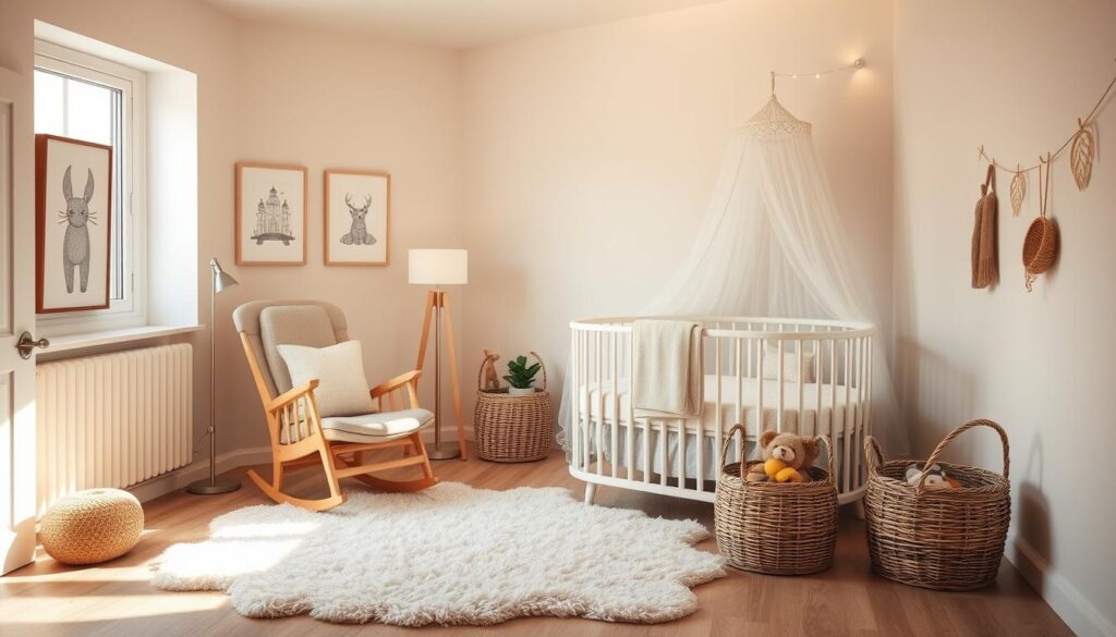 A cozy, well-lit nursery with soft, natural tones and textures. A plush area rug, a wooden rocking chair, and a modern crib with a delicate lace canopy take center stage. Muted artwork and a woven basket filled with toys adorn the walls, creating a serene, inviting atmosphere. Ambient lighting from a floor lamp and a string of fairy lights over the crib add a warm, soothing glow. The large window allows gentle natural light to filter in, casting a tranquil ambiance throughout the room. Minimal decorations and a focus on comfort and functionality contribute to the overall peaceful, quiet environment.