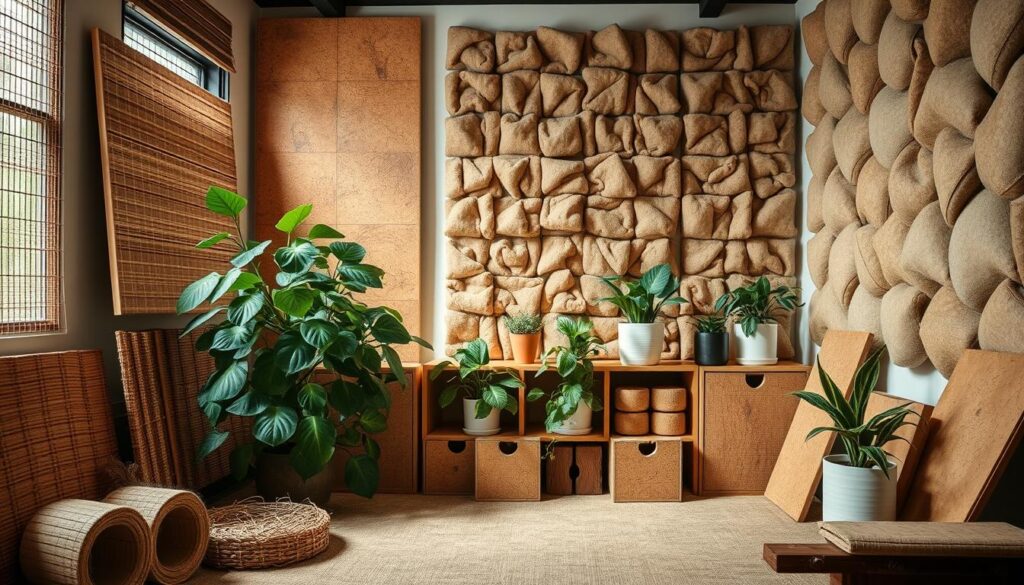 A cozy, well-lit studio space showcasing an assortment of natural soundproofing materials. In the foreground, an arrangement of woven jute mats, bamboo panels, and cork tiles. In the middle ground, potted houseplants with broad, lush leaves cascade across shelves, their soft textures complementing the organic materials. The background features a wall of earthy-toned acoustic panels made from felted wool, their intricate patterns creating a soothing, natural ambiance. Soft, diffused lighting illuminates the scene, emphasizing the tactile qualities of the materials and the harmonious interplay of shapes, textures, and tones.