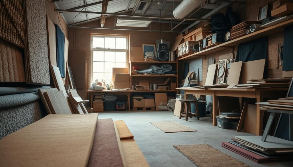 A cozy, well-lit workshop interior with various repurposed materials artfully arranged for soundproofing. In the foreground, layers of acoustic foam panels, old carpet scraps, and salvaged fabrics in muted earth tones. In the middle ground, shelves and workbenches displaying an assortment of recycled materials like cardboard, cork, and recycled denim. The background features a large window with natural light filtering in, casting a warm glow on the space. The overall atmosphere is one of creativity, sustainability, and a commitment to finding innovative solutions to common problems.