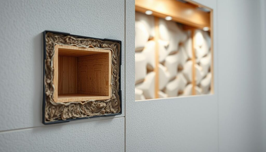A cross-section of a wall, revealing the inner workings of acoustic insulation. In the foreground, a detailed view of an air gap, its empty space disrupting the flow of sound waves. The middle ground showcases high-density insulation material, strategically placed to absorb and dampen noise. In the background, a wider perspective of the wall's construction, highlighting the complex interplay between structural elements and sound-dampening components. Soft, diffused lighting illuminates the scene, casting subtle shadows that accentuate the textural details. The overall atmosphere conveys the technical complexity and importance of properly addressing air gaps to achieve effective soundproofing.