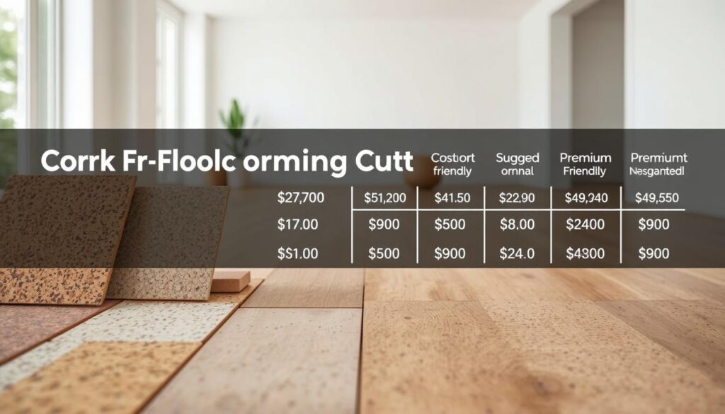 A detailed comparison of cork flooring costs, showcasing different options and price ranges. In the foreground, various cork tile samples are neatly arranged, displaying their textures and colors. In the middle ground, a side-by-side visual representation of cost per square foot for different cork flooring types, from budget-friendly to premium options. The background features a clean, minimalist interior space with natural lighting, highlighting the warm, earthy tones of the cork flooring. The overall composition conveys a sense of informative and practical guidance for the reader's cost considerations when choosing cork as a flooring solution.