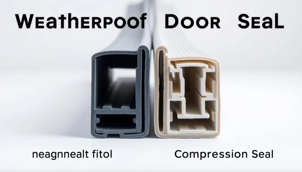 A detailed comparison of weatherproof door seals, showcasing a magnetic seal and a compression seal side by side in a well-lit, high-resolution studio setup. The seals are presented against a clean, neutral background, allowing their distinct features and construction to be clearly visible. The image captures the textural details, profiles, and cross-sections of both seal types, enabling a comprehensive visual analysis of their design and functional differences. The lighting is carefully angled to highlight the materials, flexibility, and compression capabilities of each seal, creating a sense of technical precision and objectivity.