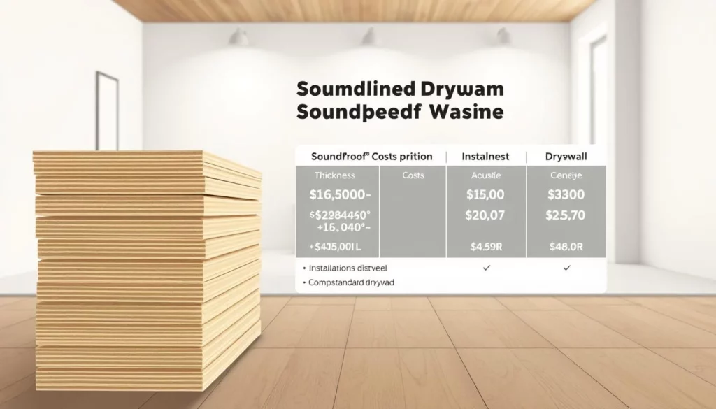 A detailed cost analysis of premium soundproof drywall panels, showcased in a well-lit studio setting. The foreground features a stack of drywall sheets, their thickness and acoustic insulation properties clearly visible. The middle ground presents a breakdown of pricing information, including per-square-foot costs, installation fees, and comparative data for standard drywall. The background depicts a minimalist room interior, emphasizing the importance of effective soundproofing solutions for home improvement projects. Captured with a crisp, professional camera lens, the image conveys a sense of authority and expertise on the subject of high-performance drywall options.
