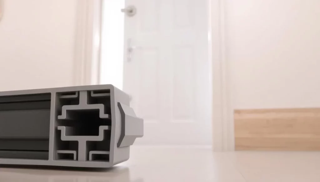 A detailed, high-quality 3D rendering of a soundproof door seal. In the foreground, a close-up view showcases the intricate sealing mechanism, with soft rubber gaskets and a sturdy metal frame. The middle ground highlights the door's edge, seamlessly integrated with the seal to create a tight, acoustically-insulating barrier. In the background, the door is set against a minimalist, well-lit interior, emphasizing the seal's purpose of reducing noise transmission. The lighting is soft and natural, creating a sense of calm and efficiency. The overall scene conveys the technical precision and practical benefits of a soundproof door seal, perfectly suited for the "Creating a Sound Barrier" section of the DIY door soundproofing article.