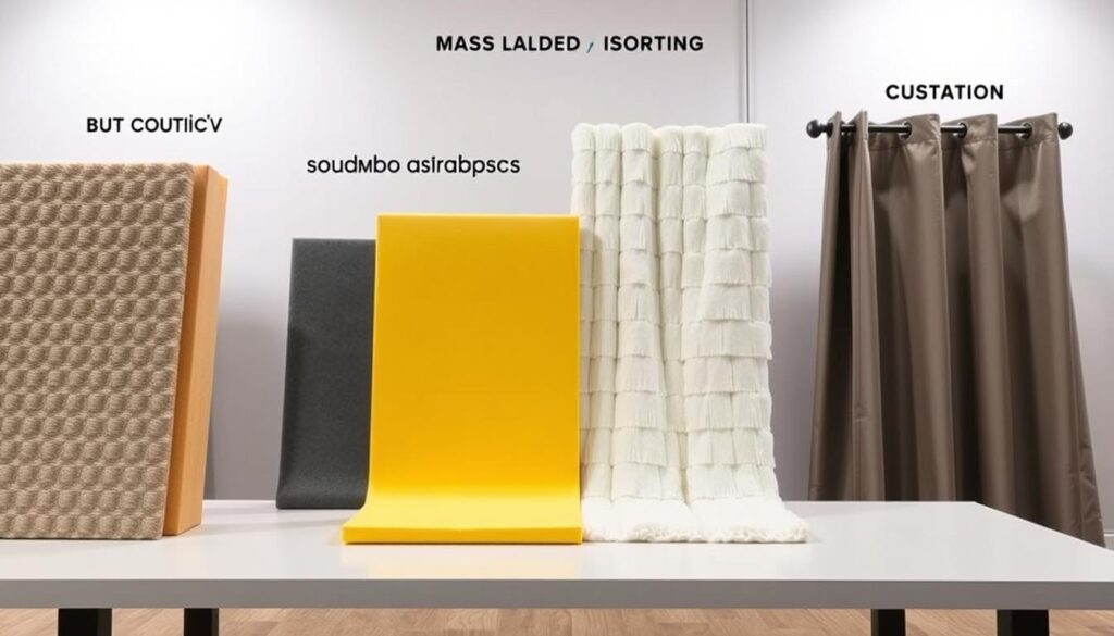 A detailed side-by-side comparison of various soundproofing materials, including acoustic foam panels, mass-loaded vinyl, fiberglass insulation, and sound-absorbing curtains. The materials are neatly arranged on a clean, well-lit tabletop, showcasing their unique textures and properties. The lighting is soft and even, creating a professional, informative atmosphere. The camera angle provides a clear, unobstructed view of the materials, allowing the viewer to closely examine and compare their characteristics. The overall composition is balanced and visually appealing, inviting the viewer to explore the subject matter in depth.