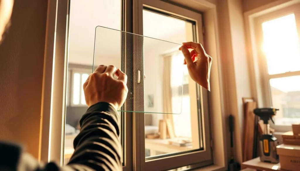 A detailed, well-lit interior scene showcasing the installation process of a secondary glazing window system. In the foreground, a pair of hands carefully affixing the secondary glazing panel to the window frame, demonstrating the precision and care required. The middle ground features a partially installed secondary glazing unit, revealing the intricate components and their positioning. In the background, a clean, organized workspace with necessary tools and materials, conveying a sense of professionalism and expertise. The lighting is warm and natural, creating a welcoming atmosphere that highlights the technical aspects of the installation. The overall composition emphasizes the step-by-step nature of the process, guiding the viewer through the key elements of choosing the right secondary glazing type.