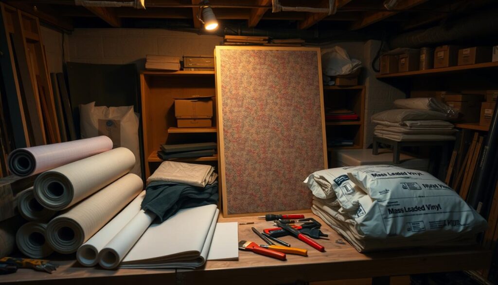 A dimly lit basement workshop with an assortment of DIY soundproofing materials neatly organized on a workbench. In the foreground, rolls of acoustic foam and packages of mass-loaded vinyl lie alongside various tools. In the middle ground, a partially assembled soundproofing panel leans against the wall, showcasing the layered construction. The background reveals shelves stocked with other soundproofing supplies, subtly hinting at the comprehensive approach to creating a peaceful, noise-dampened environment. Warm, muted lighting casts a cozy, focused atmosphere, emphasizing the hands-on, practical nature of the scene.