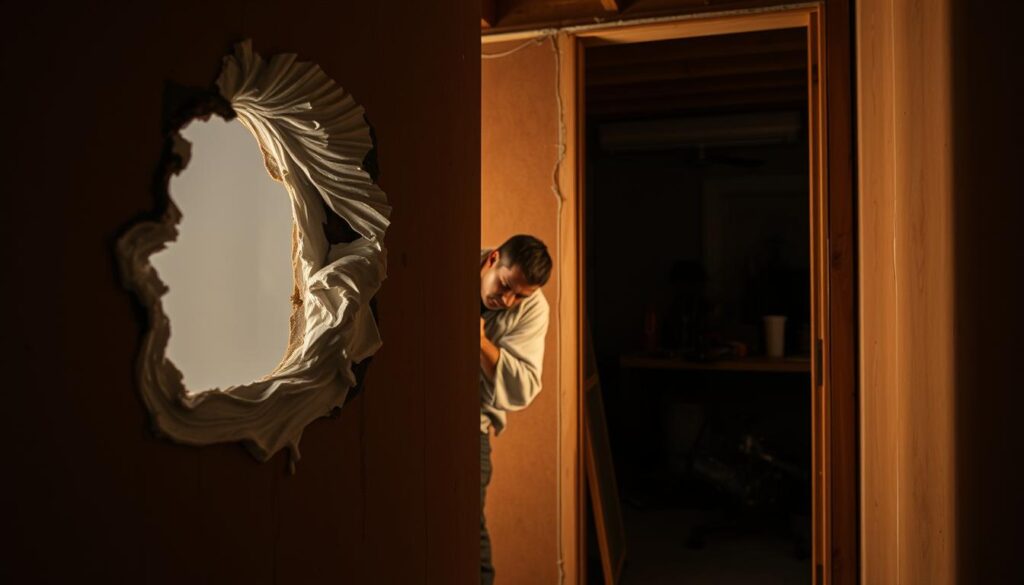 A dimly lit construction site, where acoustic sealant application has gone awry. In the foreground, a gaping hole in the drywall, with sealant unevenly applied, creating unsightly ridges and bubbles. The middle ground reveals a worker struggling to properly fill a gap between two panels, the sealant dripping and smearing. In the background, a cluttered work area with various tools and materials, highlighting the lack of attention to detail. Soft, warm lighting casts shadows, emphasizing the imperfections. A sense of frustrated DIY effort permeates the scene, conveying the importance of proper sealant application techniques.