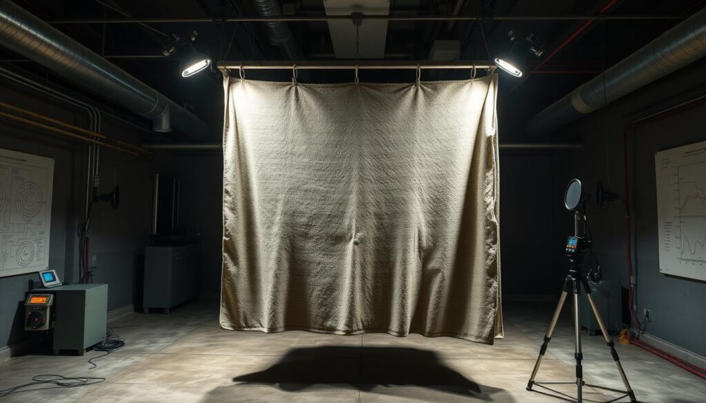 A dimly lit industrial laboratory with a soundproof blanket suspended from a metal frame. Bright spotlights illuminate the blanket, revealing its intricate texture and weave. Sound meters and measurement equipment are positioned nearby, capturing data on the blanket's noise-reducing performance. The room has a utilitarian, scientific atmosphere, with concrete floors and walls adorned with technical diagrams. The overall scene conveys a sense of rigorous testing and evaluation, perfectly suited to illustrate the "Results of Field Tests" section of the article.