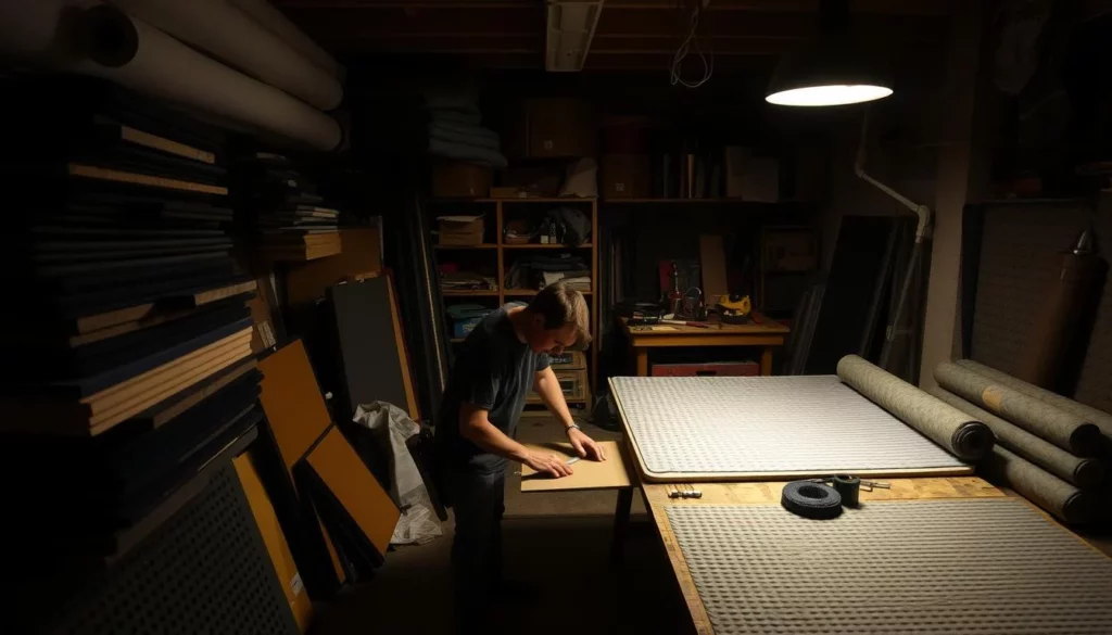 A dimly lit workshop filled with various DIY soundproofing materials, including dense foam panels, rubber mats, and acoustic insulation rolls. In the foreground, a person is carefully measuring and cutting the materials, their face illuminated by task lighting. In the middle ground, shelves and workbenches display an array of tools and supplies needed for the soundproofing project. The background features a partially obscured view of the room, hinting at the scale of the space and the scope of the DIY work. The overall scene conveys a sense of focus, problem-solving, and the hands-on process of improving the acoustic environment.