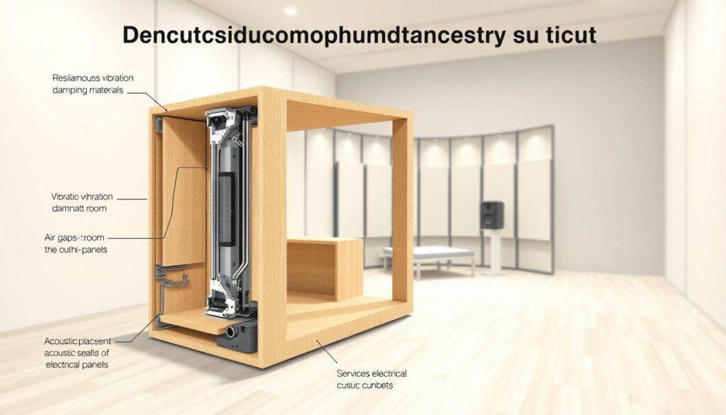 A high-quality cutaway illustration showcasing the decoupling process for sound control. In the foreground, a detailed cross-section reveals the mechanical components: resilient mounts, vibration-damping materials, and air gaps between the inner and outer walls. The middle ground depicts the entire room-within-a-room structure, highlighting the strategic placement of acoustic panels and the careful isolation of services like electrical conduits. The background features a neutral, slightly blurred environment to emphasize the technical focus. Rendered with precise technical linework, soft shadows, and a muted color palette to convey the engineering principles at work.