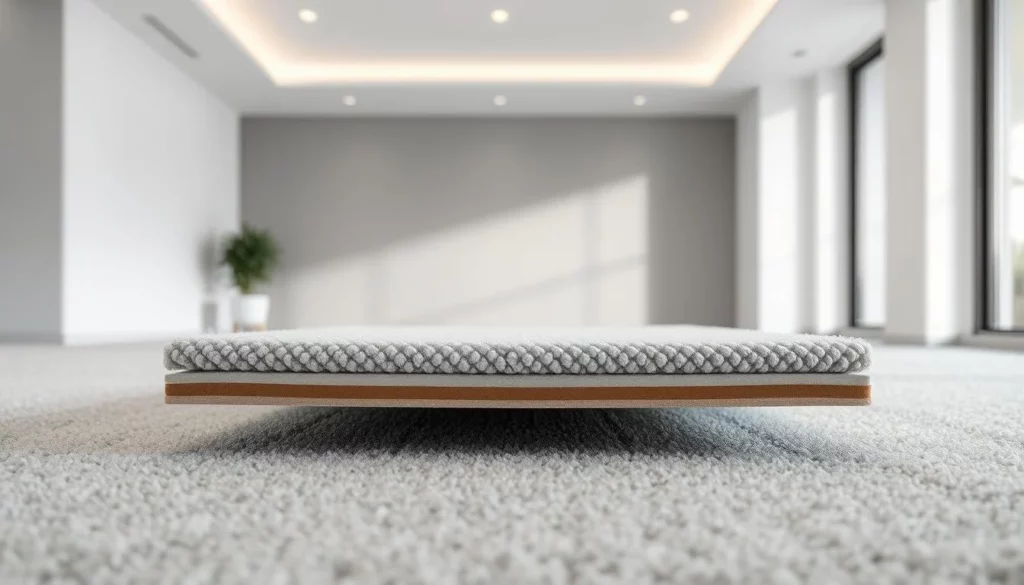 A high-quality, detailed image of a soundproof underlay for carpets, showcased in a well-lit, clean interior setting. The underlay is prominently displayed, its cross-section revealing the multilayered construction designed for superior acoustic insulation. Subtle textures and materials evoke the premium quality, with a muted color palette complementing the minimalist atmosphere. The composition emphasizes the underlay's purpose, inviting the viewer to appreciate its technical features and imagine its real-world application in a refined, modern space.