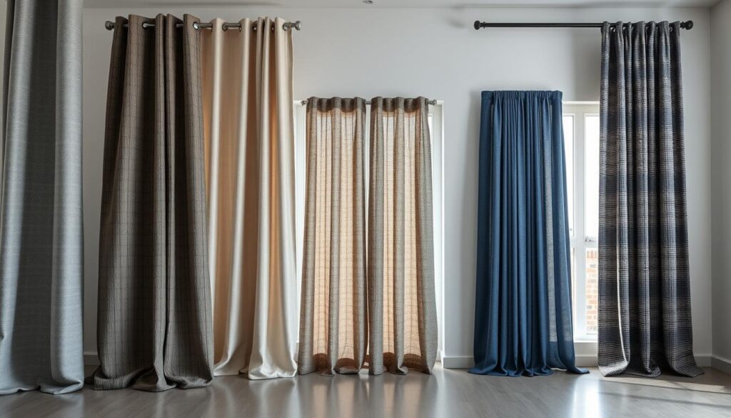 A high-resolution comparison of various soundproof curtain and drapery solutions displayed in a contemporary, minimalist interior setting. The foreground showcases different fabric textures, weaves, and patterns in shades of gray, beige, and navy. The middle ground features the curtains installed on clean, modern window frames, highlighting their sound-blocking properties. The background depicts a neutral, softly lit room with subtle reflections, creating a calming, serene atmosphere that emphasizes the sound-dampening capabilities of the displayed window treatments. The lighting is soft and diffused, accentuating the fabrics' qualities. The camera angle provides a balanced, frontal view to showcase the curtains' features and allow for a detailed visual analysis.