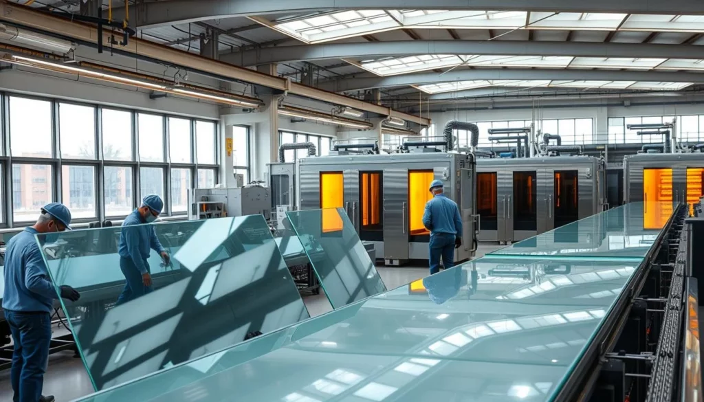 A modern, well-lit factory interior with floor-to-ceiling windows, showcasing the intricate process of tempering glass. In the foreground, workers carefully inspect large sheets of glass, examining for any imperfections. In the middle ground, advanced machinery carefully heats and rapidly cools the glass, creating the distinctive tempered finish. The background features rows of polished tempering ovens, emitting a warm, amber glow. The overall scene conveys the precision, innovation, and technical expertise required to manufacture high-quality tempered glass.