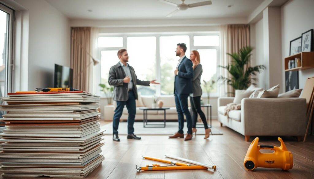 A modern, well-lit interior of a comfortable home. In the foreground, a stack of construction materials and tools, representing the cost of soundproofing. In the middle ground, a real estate agent gesturing towards a couple admiring the space, conveying the potential impact on resale value. The background features large windows, allowing natural light to fill the room and highlighting the serene atmosphere. The overall mood is one of thoughtful consideration, balancing the practical realities of home improvement with the long-term financial benefits.