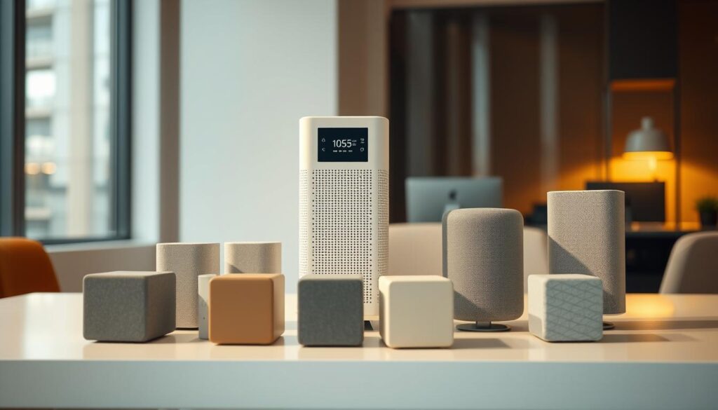 A neatly arranged display of various sound masking devices in a modern, minimalist office setting. In the foreground, several sleek, cube-shaped units in muted tones sit atop a clean, white desk, their subtle patterns and perforations hinting at their acoustic properties. In the middle ground, a taller, cylindrical device stands proudly, its digital display and intuitive controls suggesting advanced functionality. The background is bathed in warm, indirect lighting, casting a cozy, productivity-enhancing glow over the scene. The overall impression is one of carefully considered, technology-driven sound management seamlessly integrated into a professional, yet calming work environment.