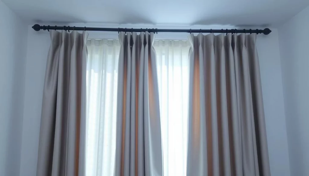 A neatly installed set of soundproof curtains in a bright, airy room. The curtains are made of thick, high-quality fabric that hangs in elegant folds, effectively blocking sound transmission. The installation showcases proper measurement, precise mounting, and careful hardware placement to ensure a secure, professional finish. Soft, diffused lighting filters through the curtains, creating a serene, acoustic-optimized atmosphere. The scene captures the practical steps and attention to detail required for an effective soundproofing solution within a residential or commercial space.
