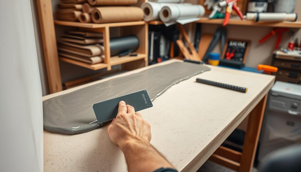 A neatly organized workbench with various tools and materials. In the foreground, a worker's hands are carefully applying a layer of gray acoustic putty onto a drywall surface, using a putty knife. The putty glistens under the soft, warm lighting, creating a smooth, even application. In the background, shelves hold rolls of soundproofing material, caulking guns, and other construction supplies. The scene conveys a sense of precision, attention to detail, and the importance of proper acoustic sealing for creating quieter living spaces.