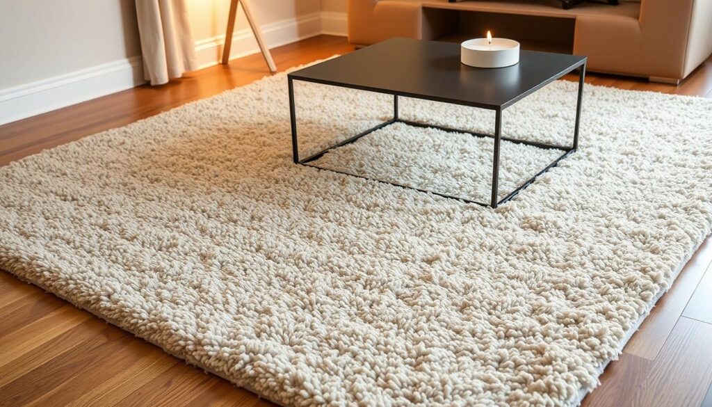 A plush, thick-pile rug in a neutral beige hue, covering a hardwood floor. The rug's soft, high-density fibers absorb sound waves, dampening echoes and muffling footsteps. Warm lighting from a table lamp casts a cozy glow, creating a tranquil atmosphere. The rug's luxurious texture invites barefoot comfort, ideal for a living room or bedroom setting. A sleek, modern coffee table anchors the composition, complementing the rug's clean lines. The image conveys a sense of serene soundproofing, perfect for the "Adding Rugs and Carpets" section of the "Quiet Your Space" article.
