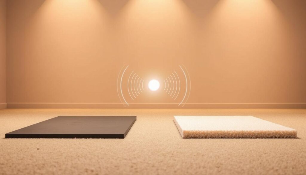 A side-by-side comparison of sound absorption capabilities between rubber and foam underlays. In the foreground, two identical rectangular sections, one showcasing a rubber underlay and the other a foam underlay. The rubber underlay is depicted with a smooth, firm texture, while the foam underlay displays a soft, porous surface. In the middle ground, sound waves emanate from a central point, visually demonstrating how the materials interact with and absorb the sound. The background features a neutral, minimalist environment, allowing the key elements to stand out. Warm, indirect lighting illuminates the scene, creating a sense of clarity and focus on the technical details. The overall composition conveys a scientific, educational tone, suitable for illustrating the article's "Sound Absorption: Rubber vs. Foam" section.