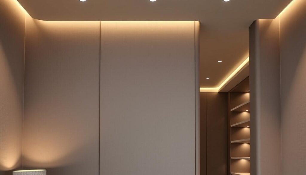 A sleek, minimalist interior with architectural soundproofing elements. The focal point is a seamless, recessed wall panel that blends effortlessly with the surrounding surfaces, its subtle texture and perforations hinting at its sound-absorbing properties. Indirect lighting casts a warm, inviting glow, complementing the muted color palette of grays and earth tones. In the background, built-in shelving or cabinetry provides additional opportunities for integrated sound dampening solutions, creating a harmonious, acoustically-optimized space. The overall atmosphere conveys a sense of refined sophistication and a commitment to both aesthetic and functional considerations.