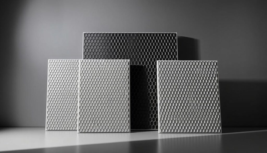 A sleek, modern arrangement of top-of-the-line soundproofing panels, showcased against a minimalist grey background. The panels feature a distinctive honeycomb texture and a striking metallic sheen, lending an air of advanced technology and innovation. Strategically placed lighting casts dramatic shadows, accentuating the depth and dimensionality of the display. The composition is balanced and visually compelling, inviting the viewer to imagine the exceptional sound-dampening capabilities of these state-of-the-art acoustic solutions.