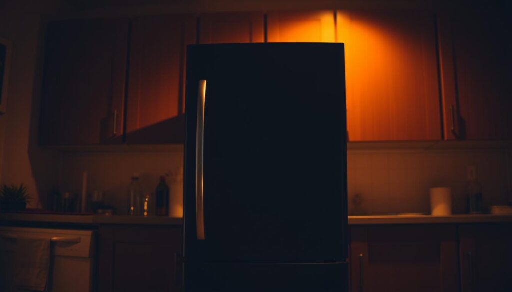 A sleek, modern refrigerator sits in a dimly lit kitchen, its soft hum barely audible. The scene is bathed in a warm, golden glow, creating a cozy and serene atmosphere. The refrigerator is positioned in the middle ground, taking up a significant portion of the frame, while the surrounding kitchen cabinets and countertops recede into the background, slightly blurred. The lighting is carefully balanced, casting subtle shadows and highlights that accentuate the refrigerator's clean lines and finish. The overall composition conveys a sense of tranquility, with the refrigerator's hum serving as a comforting, ever-present background noise.