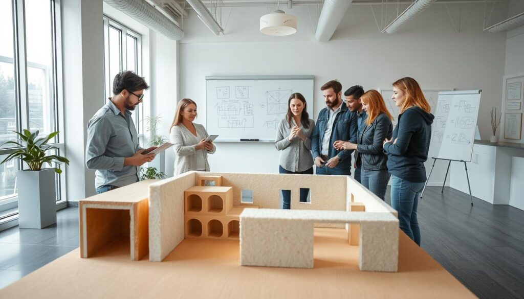 A spacious office interior with natural lighting filtering through large windows. In the foreground, a team of engineers and designers examine various materials - recycled foam, acoustic panels, and other sustainable soundproofing solutions. The middle ground showcases a scale model of the room, allowing them to visualize the acoustic treatments. In the background, a whiteboard displays diagrams and calculations, highlighting the technical aspects of the eco-friendly soundproofing assessment. The overall atmosphere is one of collaboration, innovation, and a commitment to sustainable building practices.