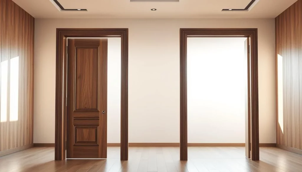 A spacious room bathed in warm, natural lighting, showcasing a pair of elegant, acoustically-optimized door frames. The frames are constructed with a layered design, featuring a dense, sound-absorbing core encased in a sleek, polished wood exterior. Intricate groves and textured patterns along the surface contribute to the frames' sound-dampening properties, creating a visually striking and functionally superior architectural element. In the foreground, the door frames stand tall, inviting the viewer to appreciate their harmonious blend of form and function. The background subtly fades into a serene, minimalist environment, allowing the acoustic door frames to be the focal point and highlight their practical benefits for a peaceful, noise-reduced interior.