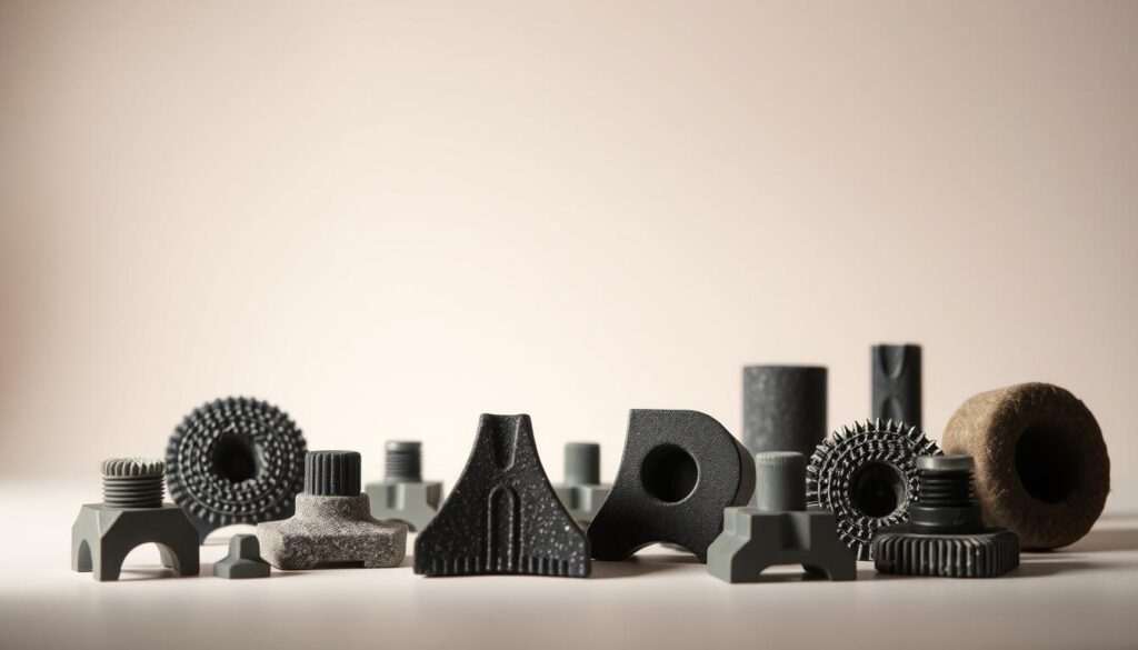 A still life arrangement of sound isolation clips against a neutral background. The clips are shown in a variety of shapes and sizes, with a focus on their intricate textures and materials. Soft, even lighting from the side gently accentuates their forms, creating subtle shadows that convey their three-dimensional nature. The composition is balanced and visually interesting, allowing the viewer to examine the details and understand the purpose and functionality of these specialized acoustic components. An image that invites closer inspection and a deeper appreciation for the engineering behind effective soundproofing solutions.