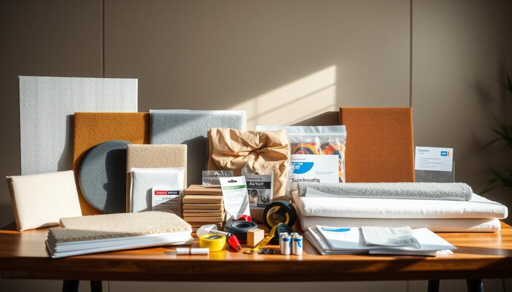 A still-life scene of various soundproofing kits arranged on a wooden table, illuminated by soft, natural lighting. In the foreground, a selection of acoustic panels, sound-absorbing foams, and insulation materials are displayed, showcasing their diverse textures and colors. The middle ground features tools and accessories, such as adhesives, measuring tapes, and installation guides, highlighting the practical aspects of the kits. In the background, a neutral, slightly blurred backdrop, perhaps a plain wall or a subtle geometric pattern, provides a clean and minimalist setting to focus the viewer's attention on the soundproofing products.