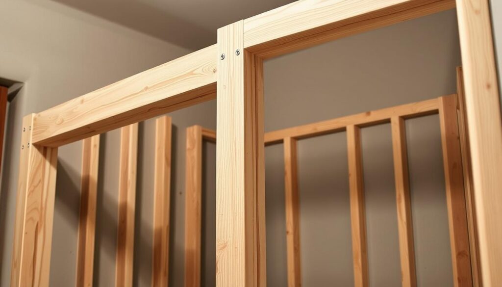 A sturdy, wooden frame construction for a soundproof booth, with clean lines and precise joinery. The frame is built with thick, high-quality lumber, meticulously measured and cut to ensure a tight, secure fit. The joints are reinforced with robust hardware, creating a sturdy, stable structure. Soft, diffused lighting illuminates the frame, casting gentle shadows that accentuate the textural details of the wood. The camera captures the frame from a slightly elevated angle, showcasing the thoughtful design and craftsmanship. The overall composition conveys a sense of functionality, durability, and attention to detail, perfectly suited for the "Building Your Soundproof Booth Frame" section of the DIY guide.