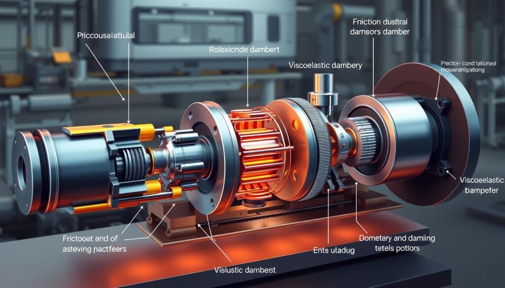 A technical illustration of various damping methods and their vibration-reducing mechanisms. A cut-away view showcases viscous, friction, and viscoelastic dampers in action, with crisp technical diagrams and accurate component labeling. The scene is bathed in a warm, technical lighting that highlights the intricate engineering details. The composition emphasizes the interplay between the damping elements and the mechanical system they are designed to stabilize, conveyed through dynamic angles and a sense of controlled motion. The overall mood is one of precision, functionality, and engineering expertise.