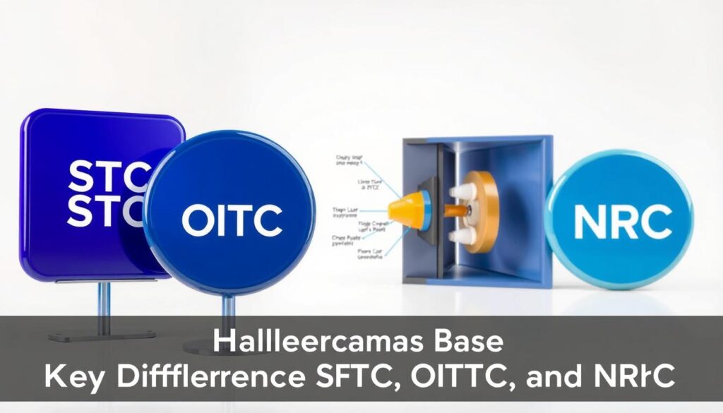 A vibrant technical illustration showcasing the key differences between STC, OITC, and NRC ratings for soundproofing. In the foreground, three glossy icons representing the three metrics stand in crisp focus, their distinct shapes and colors clearly defined. In the middle ground, a cutaway diagram reveals the inner workings of a wall assembly, with labeled components highlighting the acoustic properties that influence each rating. The background features a soft, muted gradient that allows the technical details to take center stage, conveying a sense of authority and precision. Bright, directional lighting casts subtle shadows, adding depth and dimensionality to the scene. The overall composition strikes a balance between visual clarity and technical sophistication, perfectly suited to illustrate the "Key Differences Between STC, OITC, and NRC" section of the article.