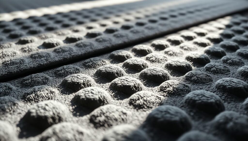 A well-lit, close-up photograph of a section of noise-reducing floor padding. The padding is composed of a high-density foam material with a textured, pebble-like surface. The lighting is soft and diffused, creating subtle shadows that accentuate the three-dimensional structure of the padding. The camera is positioned at a slight angle, capturing the padding's thickness and the intricate pattern of its surface. The overall mood is one of technical precision, highlighting the padding's design and functionality for dampening sound transmission.