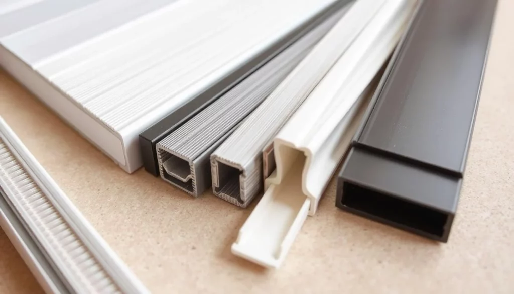 A well-lit, close-up photograph of various soundproofing materials for doors, including weatherstripping, door sweeps, and door seals. The materials are arranged neatly on a neutral-colored surface, showcasing their textures, colors, and shapes. The lighting is soft and natural, highlighting the details and emphasizing the purpose of these products in soundproofing a door. The image has a clean, informative, and professional aesthetic, suitable for illustrating a step-by-step guide on installing door seals.