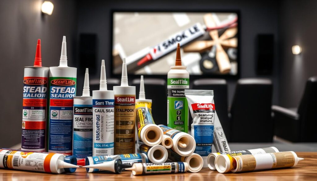 A well-lit, close-up photograph of various soundproofing sealants and adhesives for home theater applications. The foreground features a selection of caulk tubes, canisters, and cartridges in different colors and sizes, arranged neatly. The middle ground showcases the sealants being applied to various surfaces, such as walls, floors, and ceilings, demonstrating their intended use. The background provides a subtle, out-of-focus view of a home theater space, hinting at the final application. The lighting is soft and diffused, accentuating the textures and sheen of the sealant products. The overall mood is professional, informative, and focused on the technical details of these soundproofing materials.