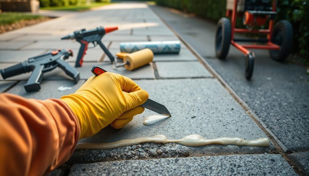 A well-lit, close-up view of various sealing techniques being applied to a flanking path. In the foreground, a gloved hand carefully applies a thick, viscous sealant to the cracks and crevices of the path's surface using a small trowel. The middle ground showcases different sealant application tools - a caulking gun, a roller, and a specialized path sealing machine. In the background, the path extends into the distance, its edges neatly sealed and protected. The scene conveys a sense of precision, attention to detail, and the professional-grade methods required for properly sealing flanking paths.