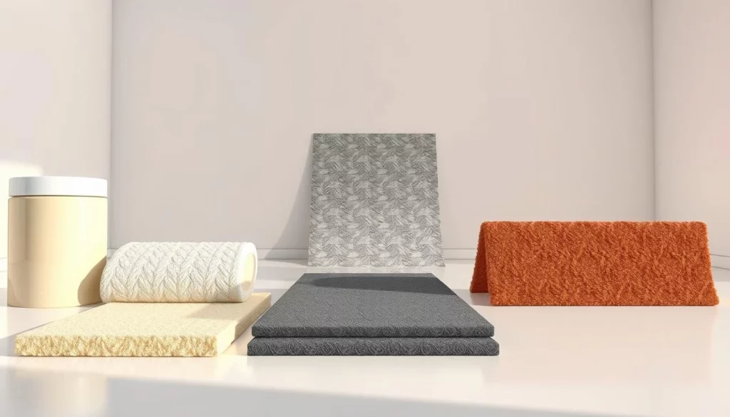 A well-lit comparison of various noise reduction materials, showcasing their textures and performance. In the foreground, samples of soundproof paint, acoustic foam, and damping mats are neatly arranged on a clean, reflective surface. The middle ground features a selection of soundproof wallpapers, highlighting their patterns and acoustic properties. In the background, a plain, minimalist room setting with bare walls provides a neutral canvas to evaluate the materials' sound-absorbing capabilities. Soft, directional lighting casts subtle shadows, accentuating the materials' nuances and their potential to enhance the acoustics of a space.